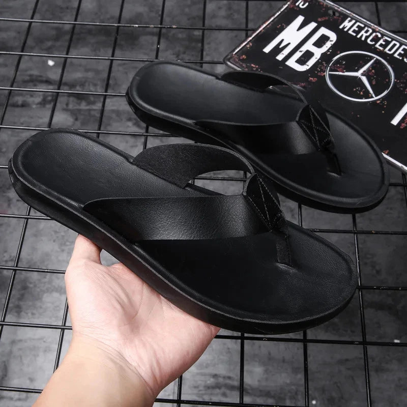 FUQIAO Summer Sandals Men Leather Classic Roman Open-toed Slipper Outdoor Beach