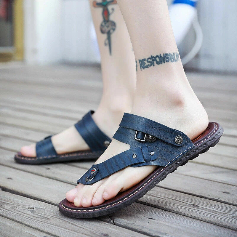 Mens Faux Leather Sandals Beach Flats Flip Flops Casual Slipper Shoes Summer Sz