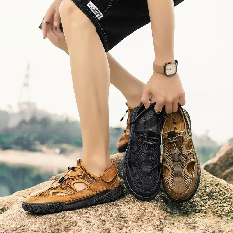 Men Mesh Walking Shoes Hollow Breathable Sandals Handmade Soft Beach Slippers