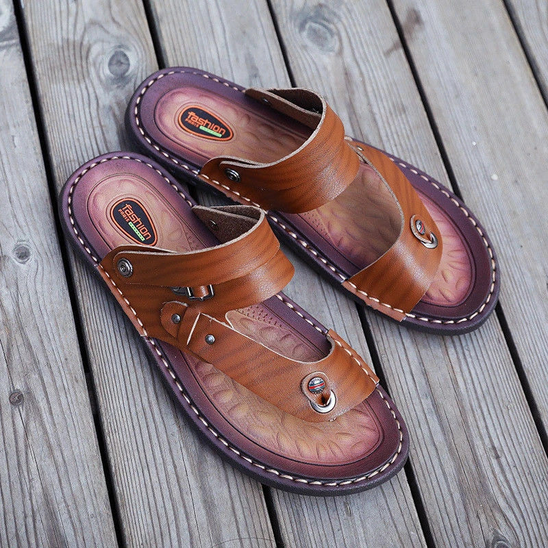 Mens Faux Leather Sandals Beach Flats Flip Flops Casual Slipper Shoes Summer Sz