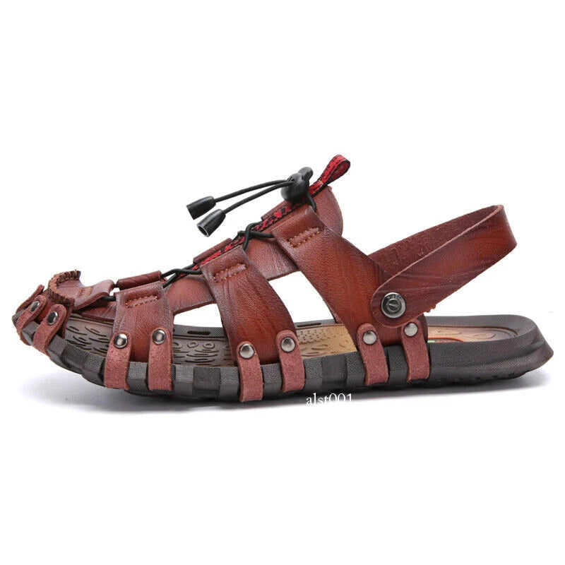 Mens Summer Sandals Round Toe Casual Beach Sports Shoes Leather Slippers Slip On