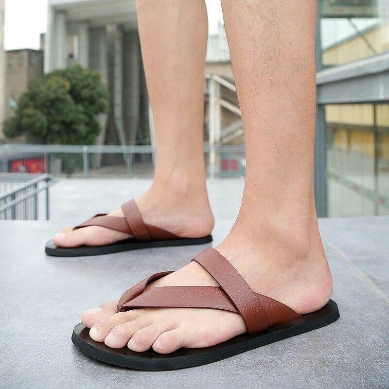 Summer Men's Fashion Beach Outdoor Leather Sandals with Straps Non-Slip Slippers