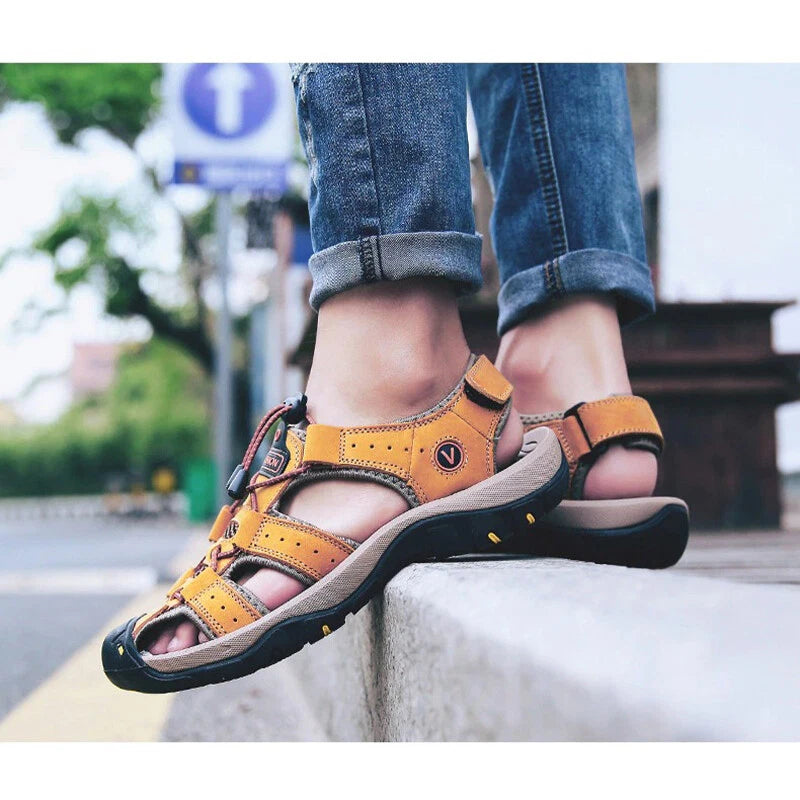 Men's Leather Sandals Closed Toe Beach Nonslip Summer Outdoor Sport Hiking Shoes