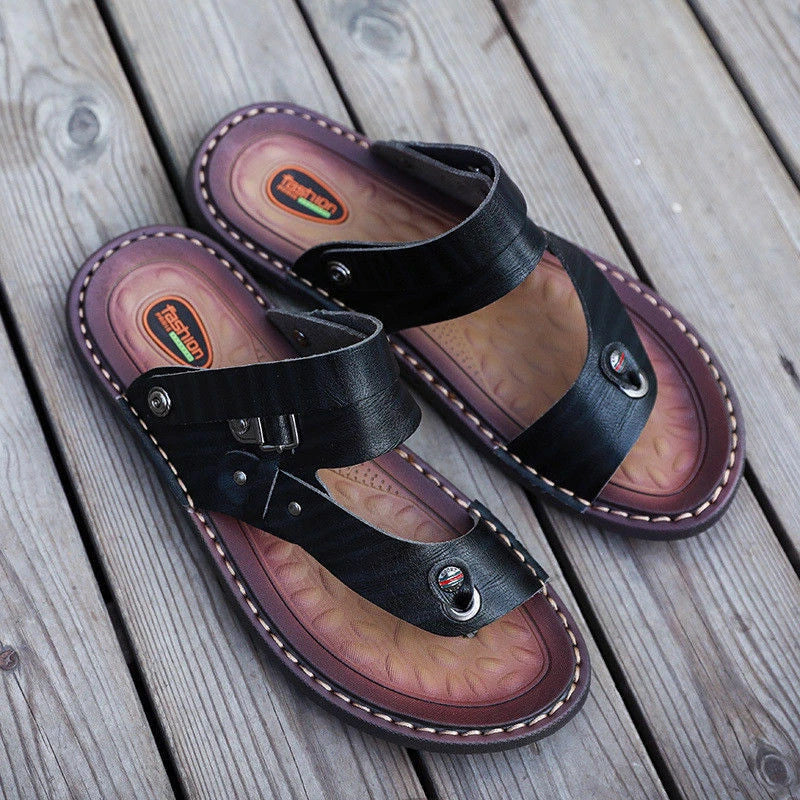 Mens Faux Leather Sandals Beach Flats Flip Flops Casual Slipper Shoes Summer Sz