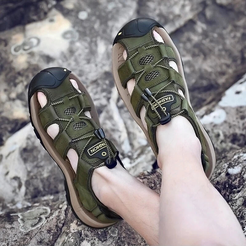 Men's Leather Sandals Closed Toe Beach Nonslip Summer Outdoor Sport Hiking Shoes