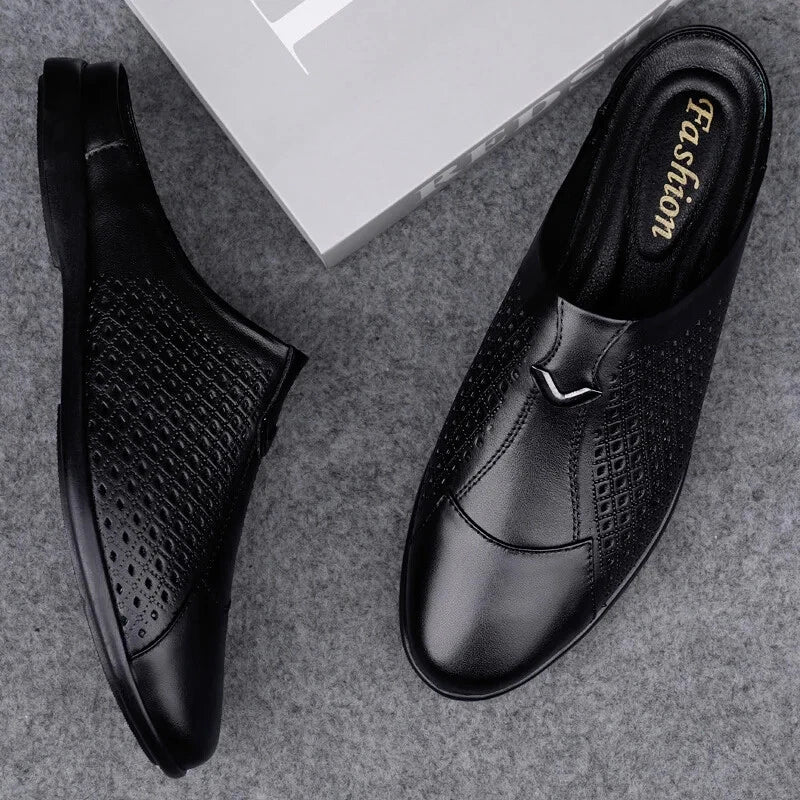 Men Leather Casual Slippers Half Drag Waterproof Loafers Non-slip Soft Sandals