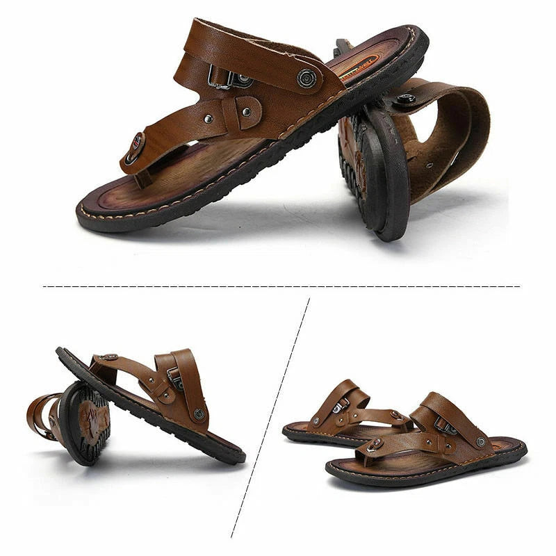 Mens Faux Leather Sandals Beach Flats Flip Flops Casual Slipper Shoes Summer Sz