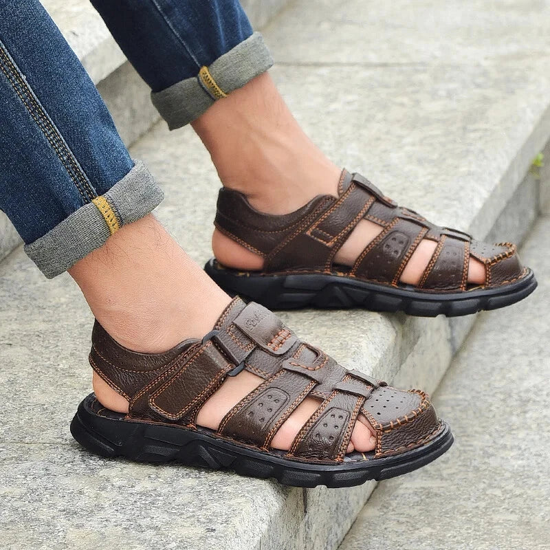 Leather Men Sandals Slip-on Lightweight Soft Hiking Shoes Beach Casual Slippers