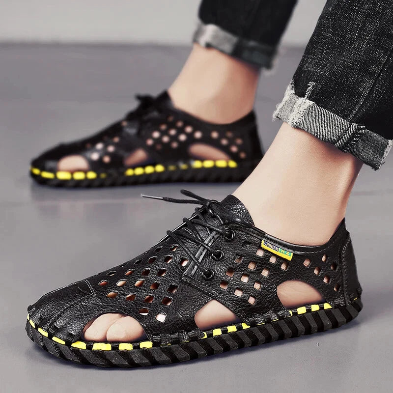 Men's Handmade Slippers Summer Sandals Leather Beach Non-slip Open-toe Sandals