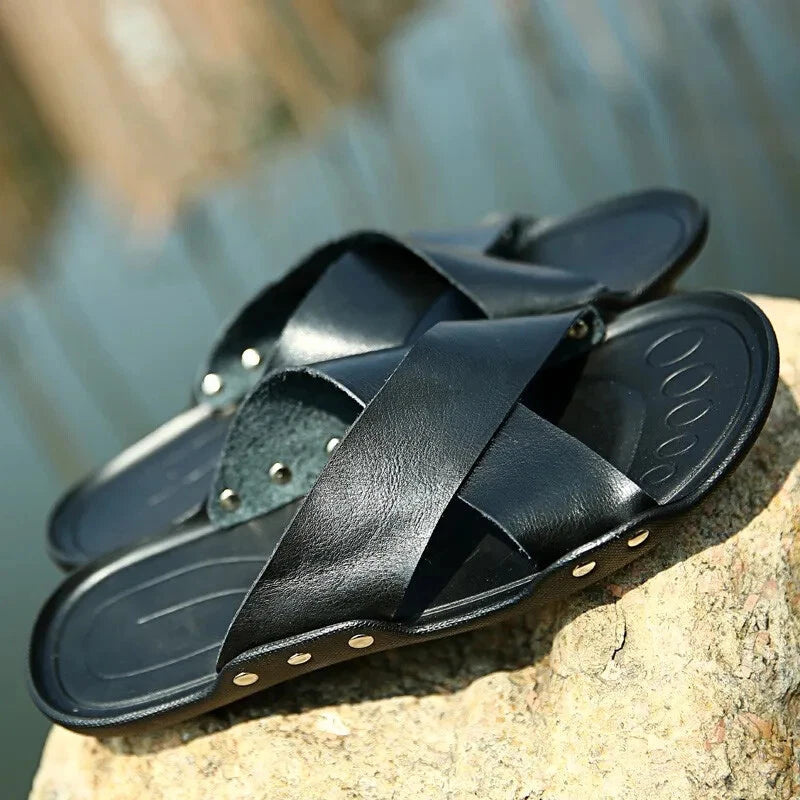 Summer Mens Slippers Cow Leather Beach Sandals Lightweight Comfy Flip Flops