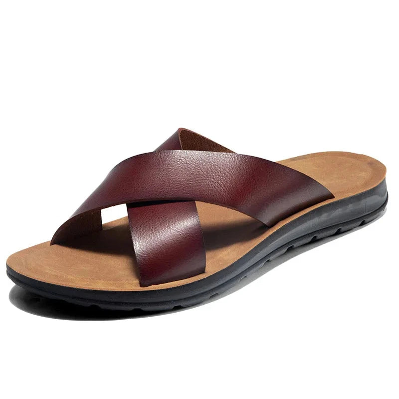 FUQIAO Summer Sandals Men Leather Classic Roman Open-toed Slipper Outdoor Beach