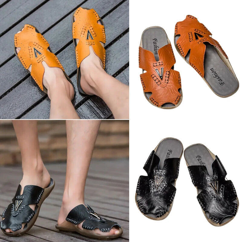 Men's Closed Toe Leather Slippers Non Slip Sandals Walking Fishing Beach Shoes