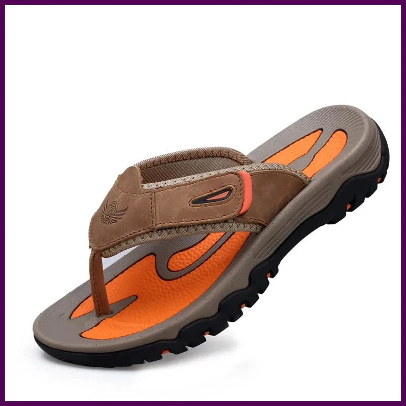Men's Summer Leather Slippers Breathable Outdoor Beach Sandals Flip Flops
