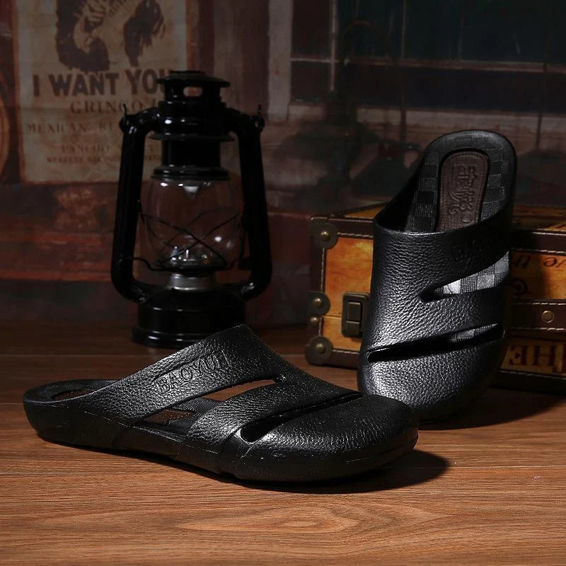 Mens PU Leather Closed Toe Mules Slippers Beach Slides Sandals Shoes