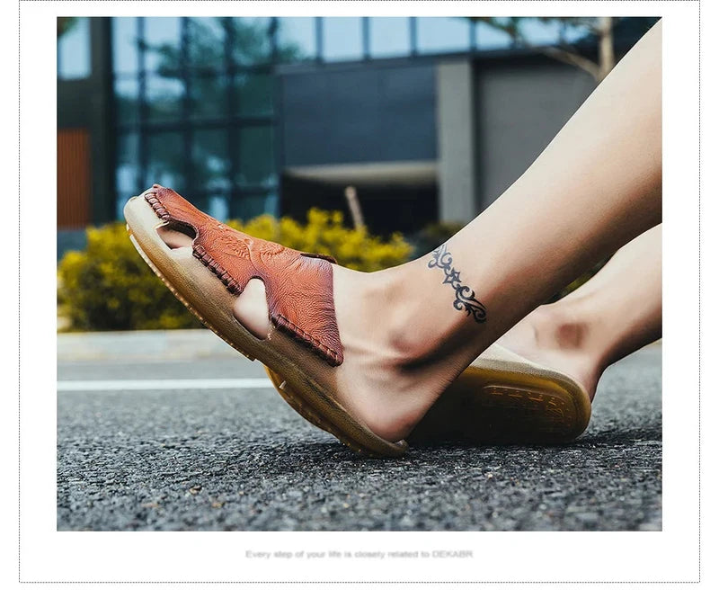 Men Slippers Genuine Leather Beach Anti-Slip Fashion Comfortable Casual Shoes