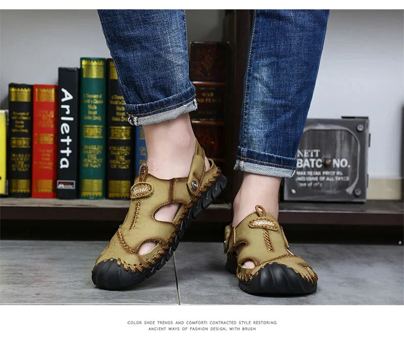 Summer Men Sandals Soft Breathable Slippers Leather Handmade Soft Beach Sneakers