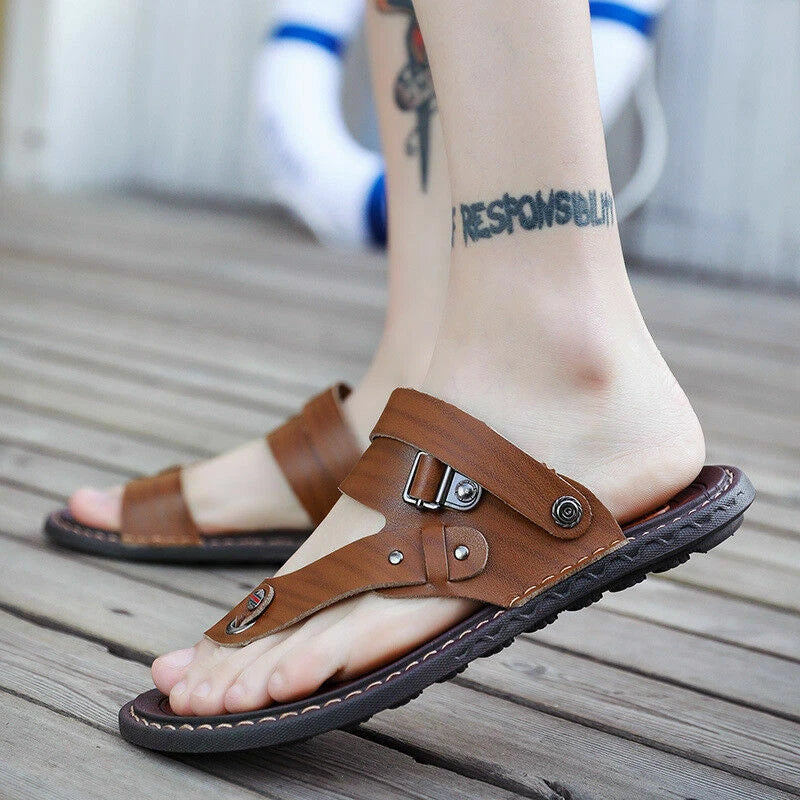Mens Faux Leather Sandals Beach Flats Flip Flops Casual Slipper Shoes Summer Sz