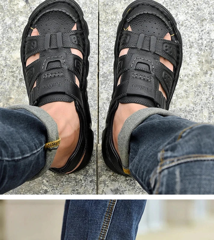 Summer Leather Men's Sandals Outdoor Beach Slippers Hiking Non-slip Flat Shoes