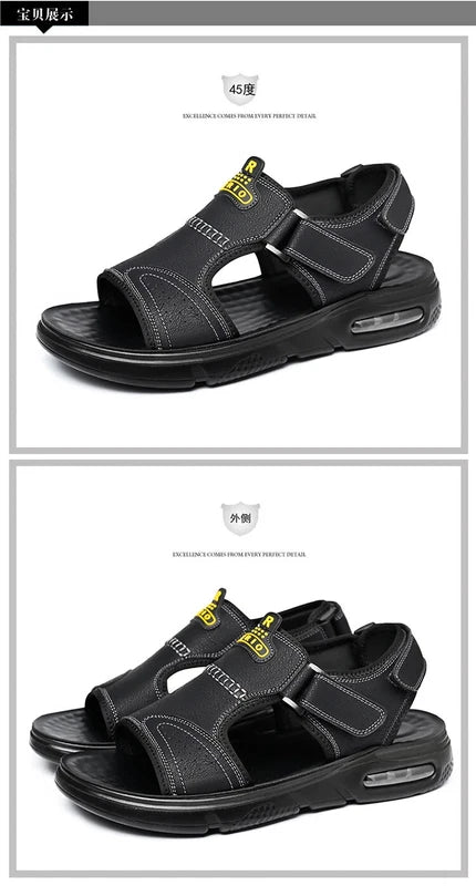 Men's Summer Cow Leather Sandals Designer Leisure Shoes Outside Beach Slippers