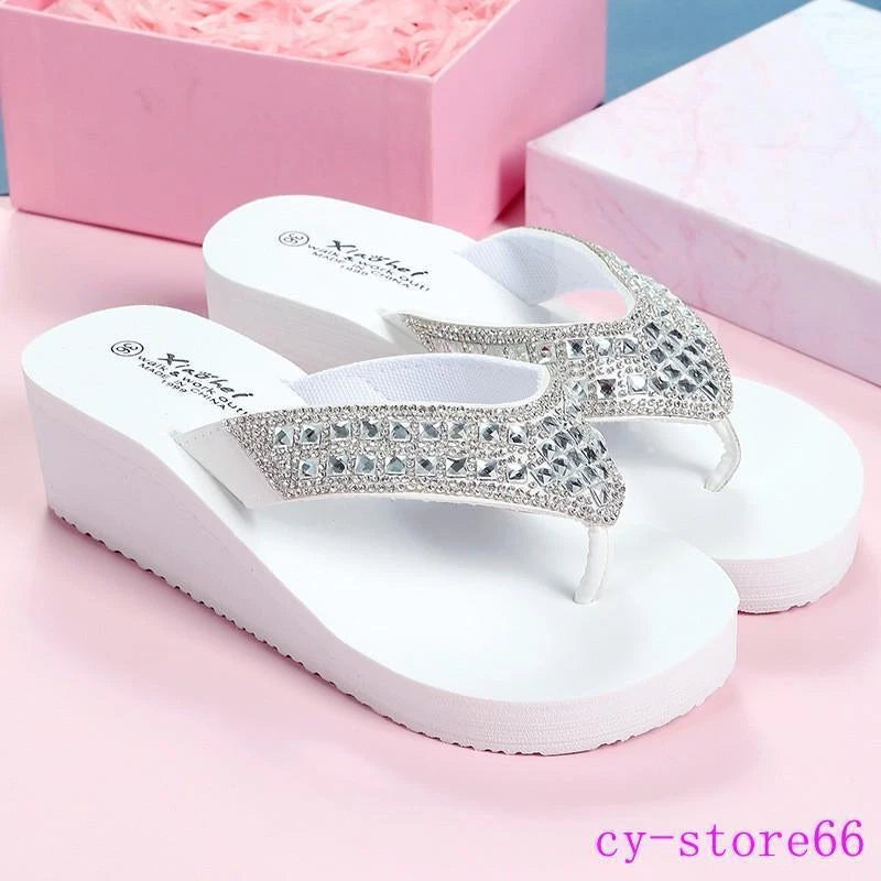 Women's Platform Thongs Sandals Beach Slippers Rhinestone Wedge Heel Flip Flops