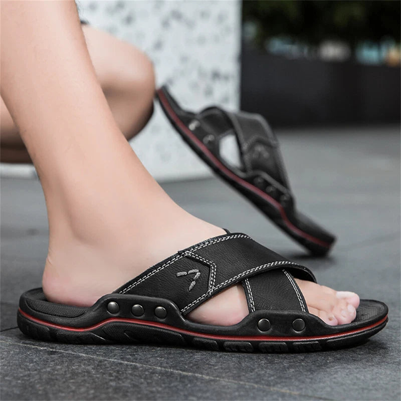 Men's Slipper Genuine Leather Open Toe Casual Slip On Beach Sandal