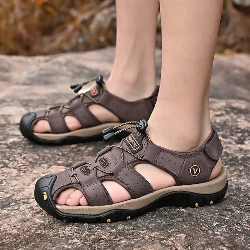 Men's Leather Sandals Closed Toe Beach Nonslip Summer Outdoor Sport Hiking Shoes