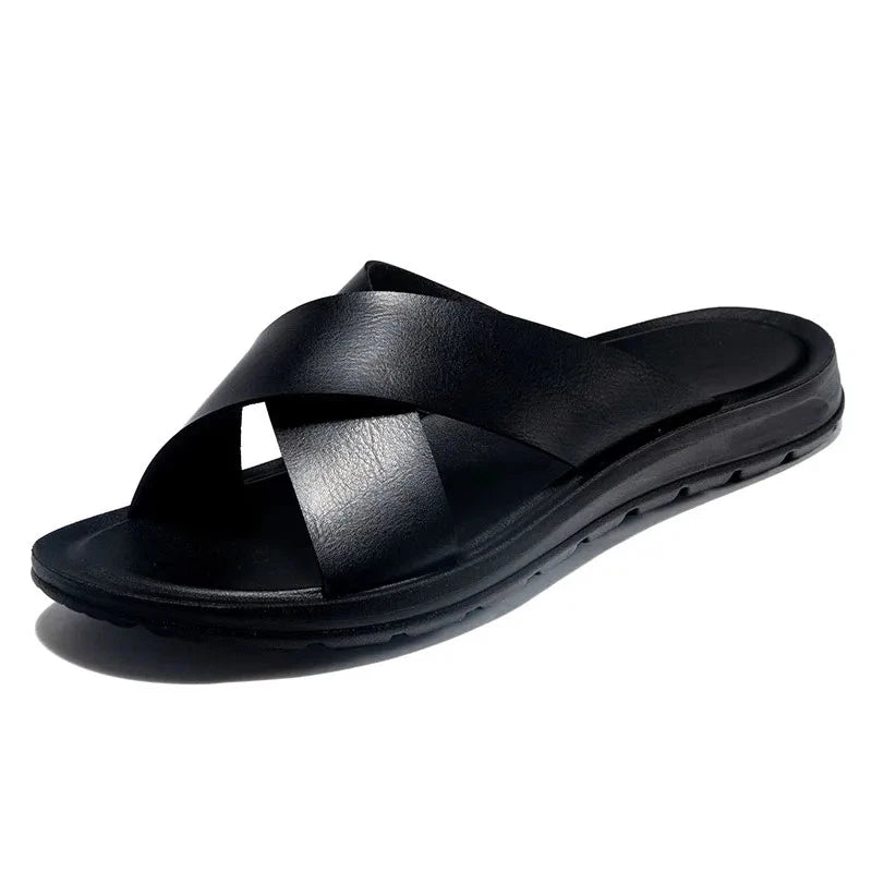 FUQIAO Summer Sandals Men Leather Classic Roman Open-toed Slipper Outdoor Beach