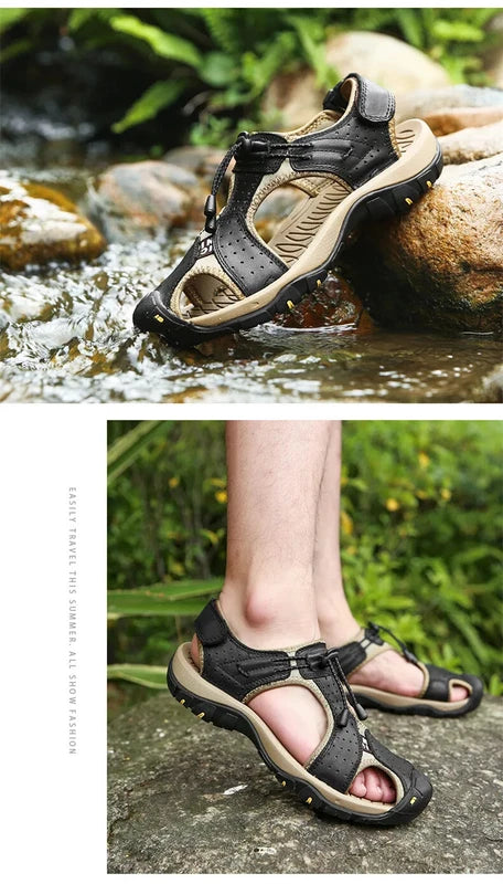 Breathable Men's Sandals Leather Non Slip Beach Slippers Comfort Casual Shoes