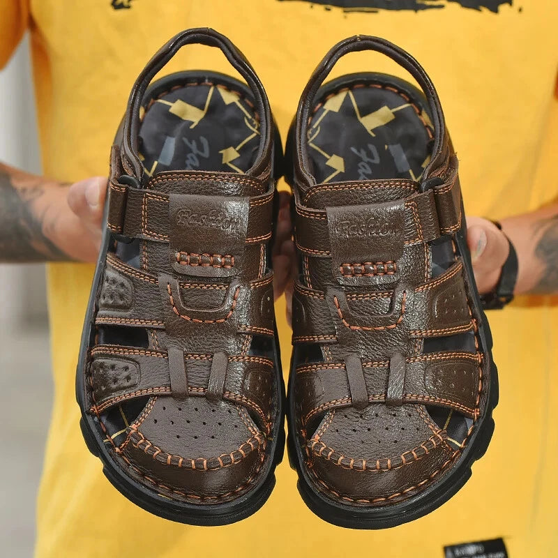 Leather Men Sandals Slip-on Lightweight Soft Hiking Shoes Beach Casual Slippers