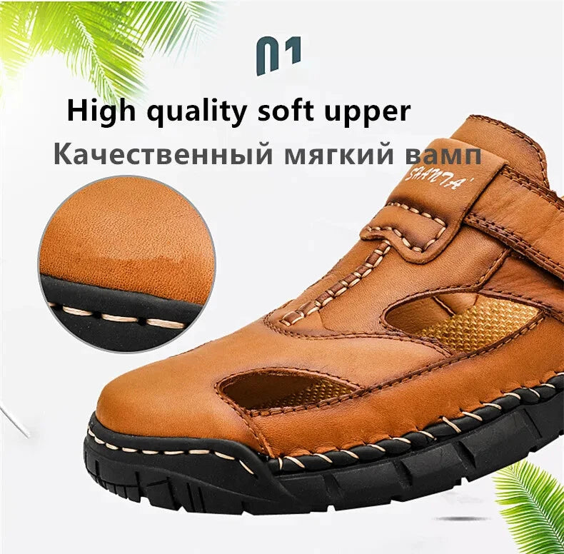 Classic Men Sandals Soft Leather Beach Slippers Outdoor Casual Lightweight Shoes