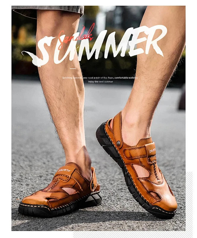 Classic Men Sandals Soft Leather Beach Slippers Outdoor Casual Lightweight Shoes