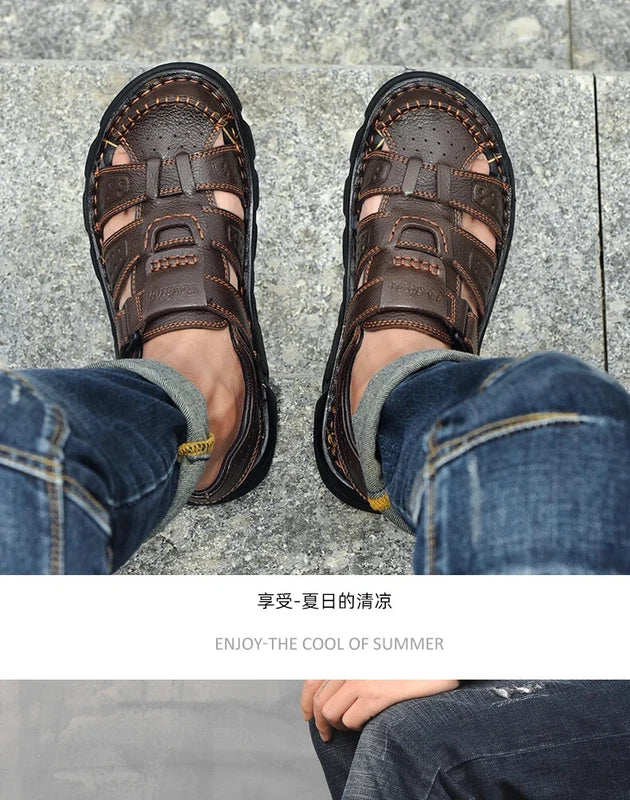 Summer Leather Men's Sandals Outdoor Beach Slippers Hiking Non-slip Flat Shoes