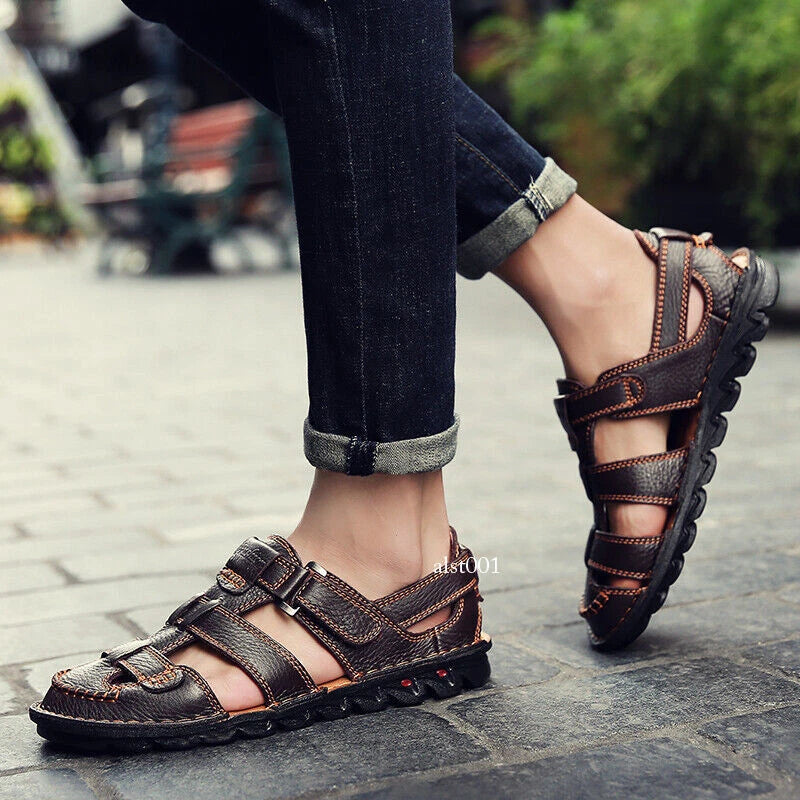 Genuine Leather Mens Casual Sandals Outdoor Beach Roman Garden Slippers Sneakers