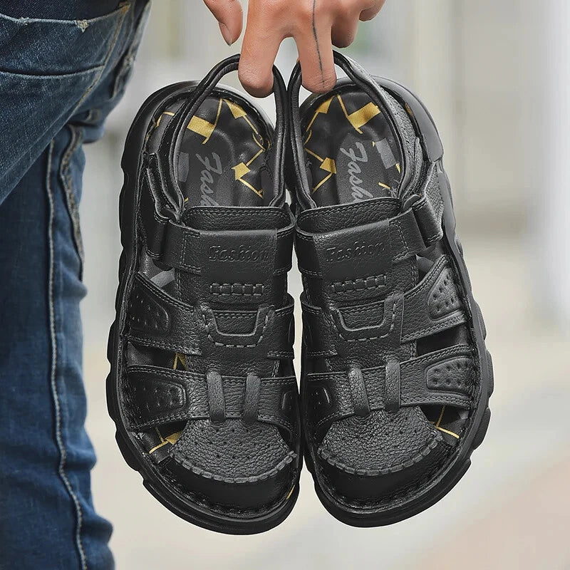 Leather Men Sandals Slip-on Lightweight Soft Hiking Shoes Beach Casual Slippers