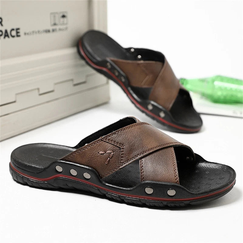 Men's Slipper Genuine Leather Open Toe Casual Slip On Beach Sandal