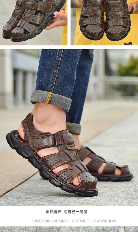 Summer Leather Men's Sandals Outdoor Beach Slippers Hiking Non-slip Flat Shoes
