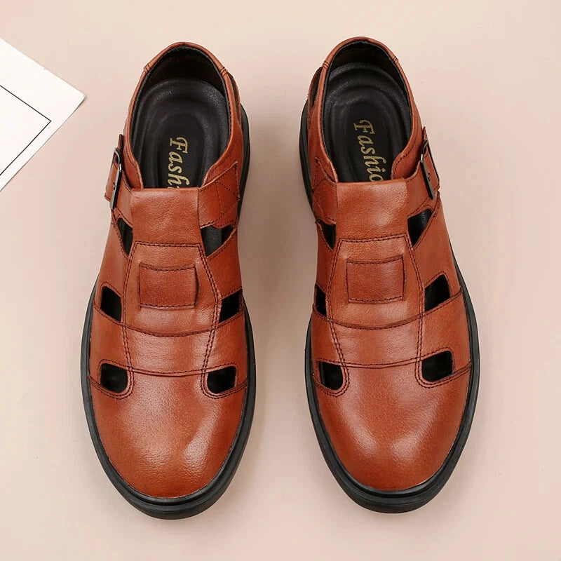 Summer Hollow Leather Shoes Men's Casual Sandals Breathable Lightweight Slippers