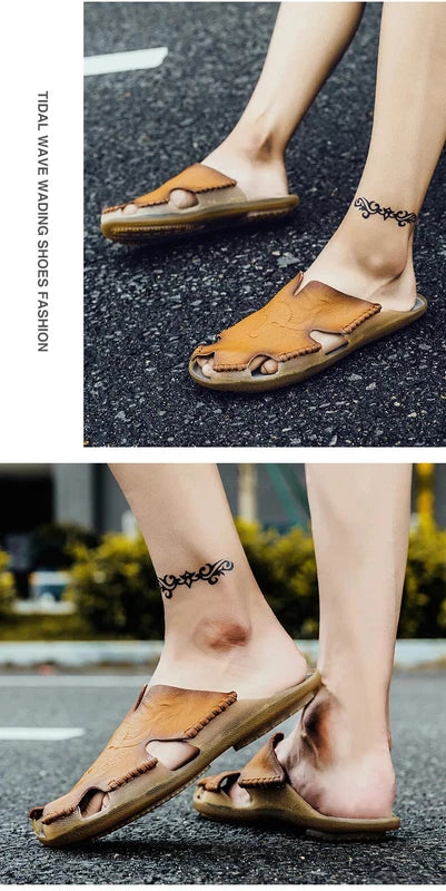 Men Leather Non-Slip Slippers Comfort Beach Sandals Summer Classics Flip Flops