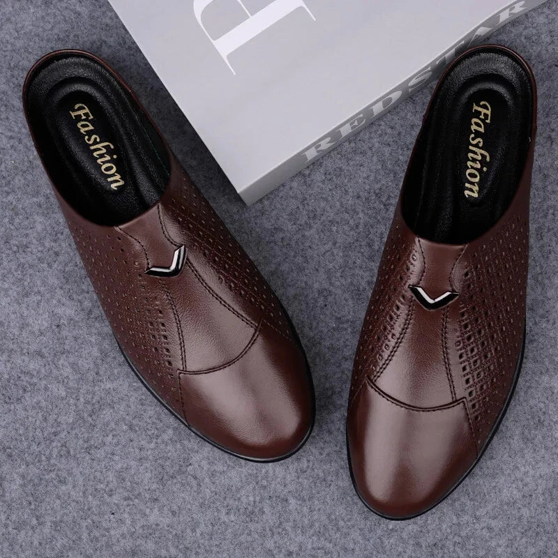 Men Leather Casual Slippers Half Drag Waterproof Loafers Non-slip Soft Sandals