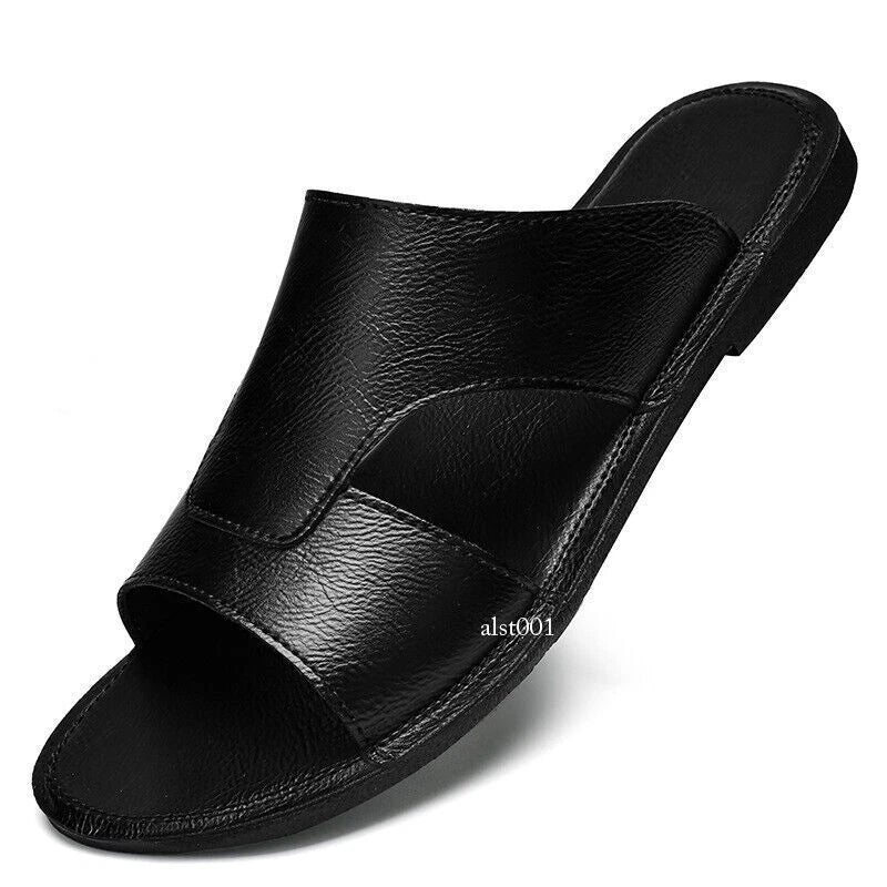 Mens Leather Open Toe Flats Slip on Slides Summer Beach Casual Slippers Shoes Sz