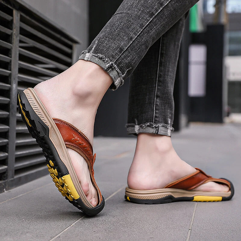 Men's Sandals Summer Beach Shoes Outdoor Leather Slippers Casual Flip Flops Size