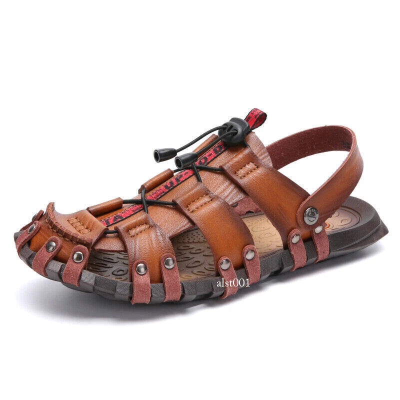 Mens Summer Sandals Round Toe Casual Beach Sports Shoes Leather Slippers Slip On