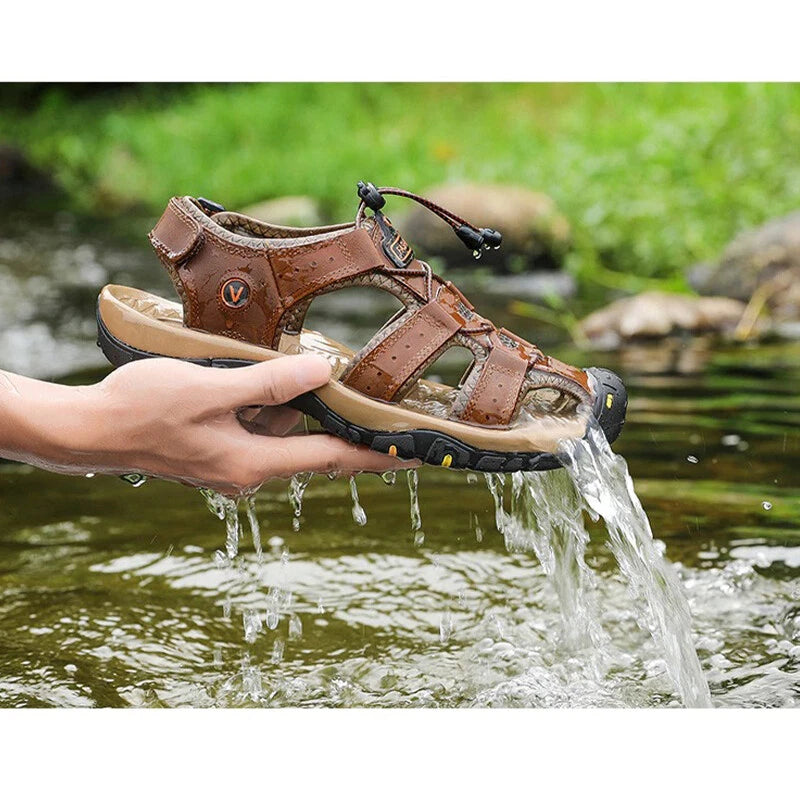 Men's Leather Sandals Closed Toe Beach Nonslip Summer Outdoor Sport Hiking Shoes