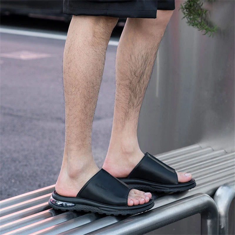 Men's Leather Slides Open Toe Outdoor Slippers Comfort Casual Sandals