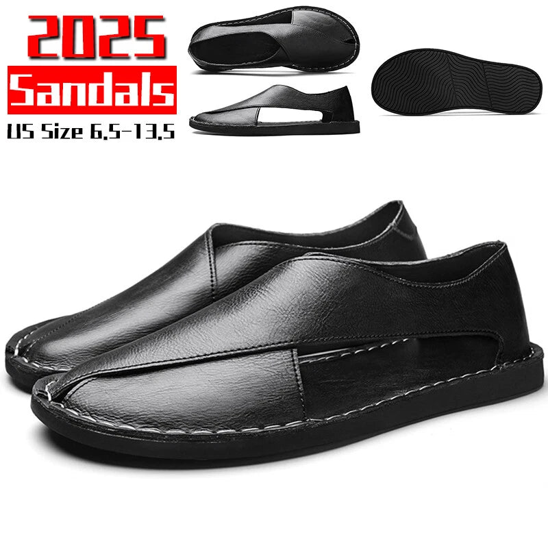 Men’s Leather Sandals Summer Beach Leather Casual Slippers Outdoor Hiking Shoes