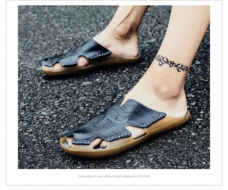 Men Slippers Genuine Leather Beach Anti-Slip Fashion Comfortable Casual Shoes