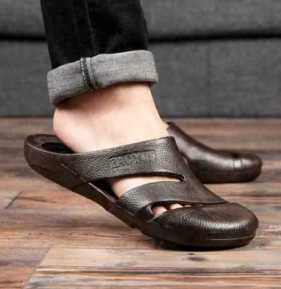 Mens PU Leather Closed Toe Mules Slippers Beach Slides Sandals Shoes