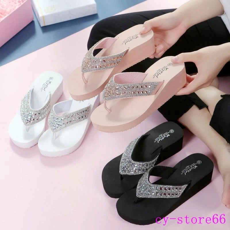 Women's Platform Thongs Sandals Beach Slippers Rhinestone Wedge Heel Flip Flops