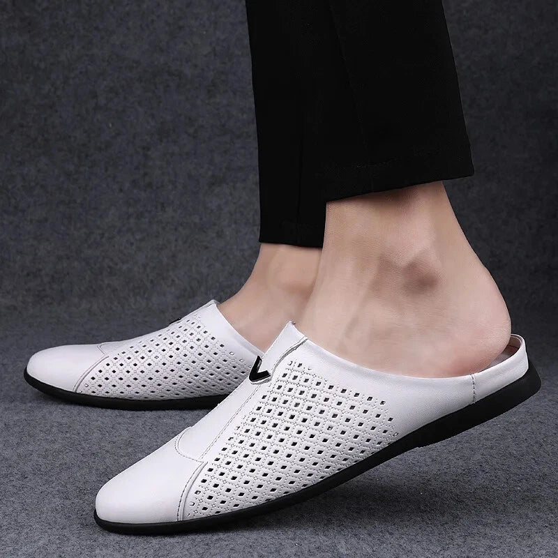 Men Leather Casual Slippers Half Drag Waterproof Loafers Non-slip Soft Sandals