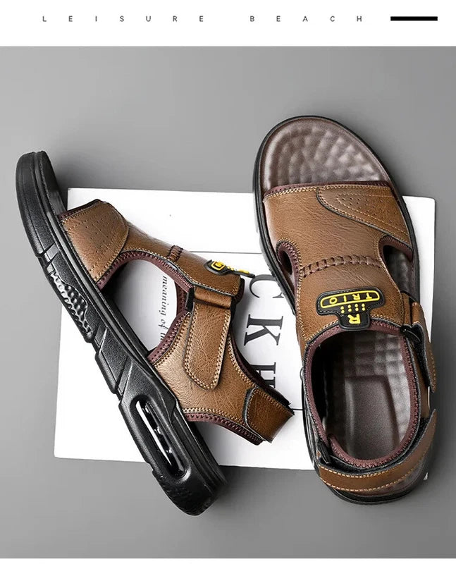 Men's Summer Cow Leather Sandals Designer Leisure Shoes Outside Beach Slippers